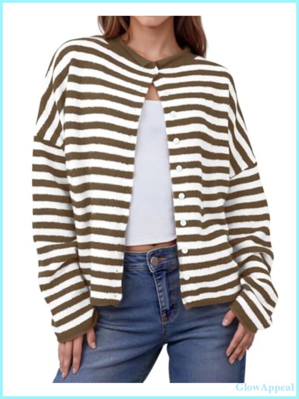 Striped Button Up Cardigan Sweaters Long Sleeve Cozy Knit Tops